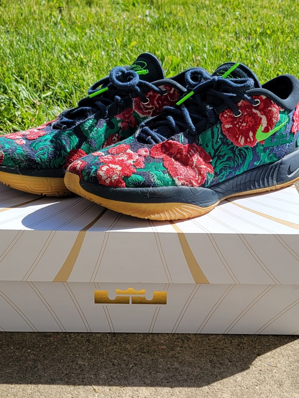 Nike Floral LEBRON XXI PRM Sneakers w/ Green Swoosh